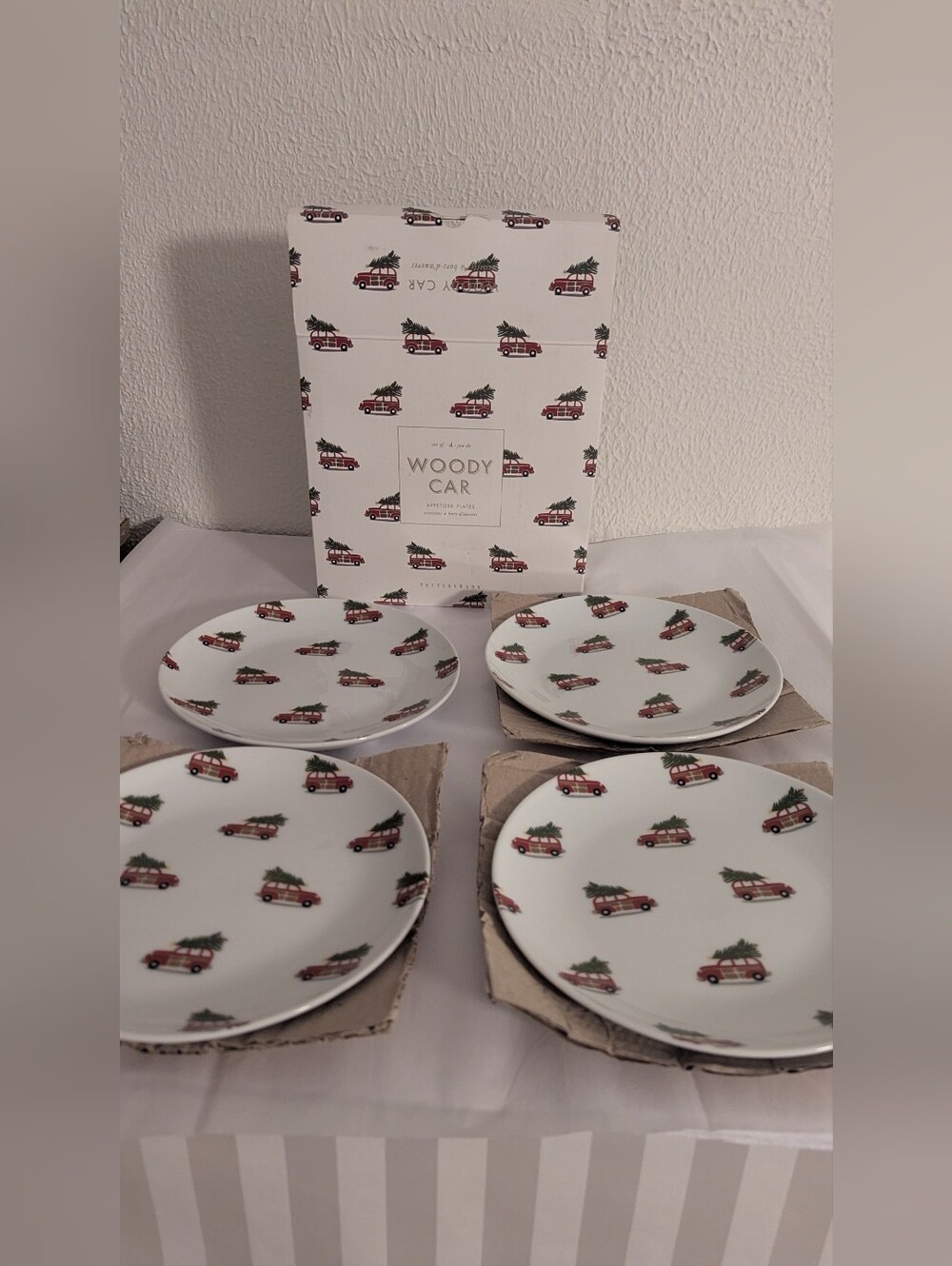 Pottery Barn Woody Car with tree on top Appetizer Plates 7" round set of 4 NIB